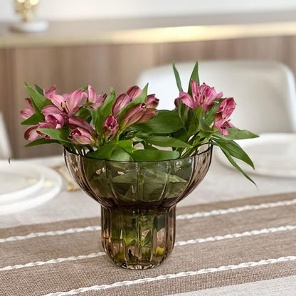 Wide Neck Amber Ribbed Vase