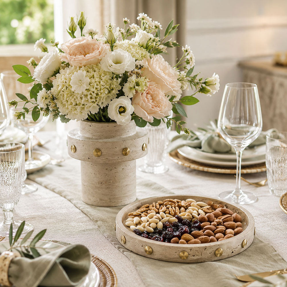 Travertine Round Tray with Gold Studs