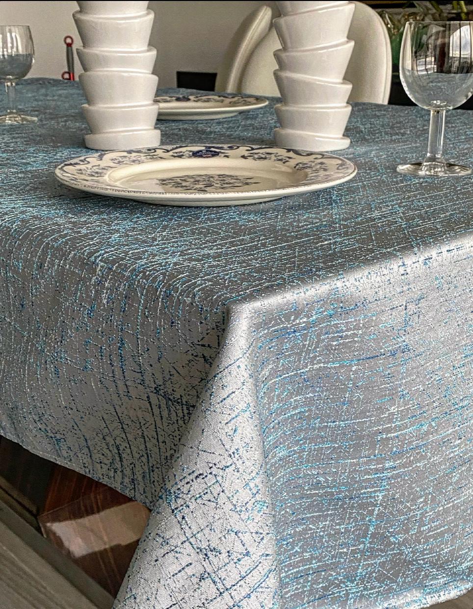 blue/silver tablecloth