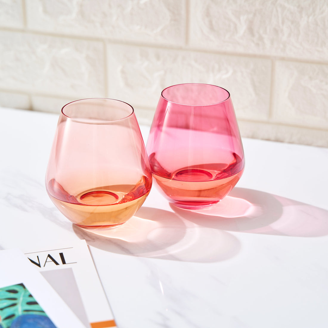 Coral &amp; Fuchsia Colored Wine Glassware | Set of 2 | Large 16 oz Stemless Glasses, Coral Peach Pink Italian Style - Valentines Day Wine, Water, Margarita Glasses, Tumbler Beautiful Hand-Blown Glass