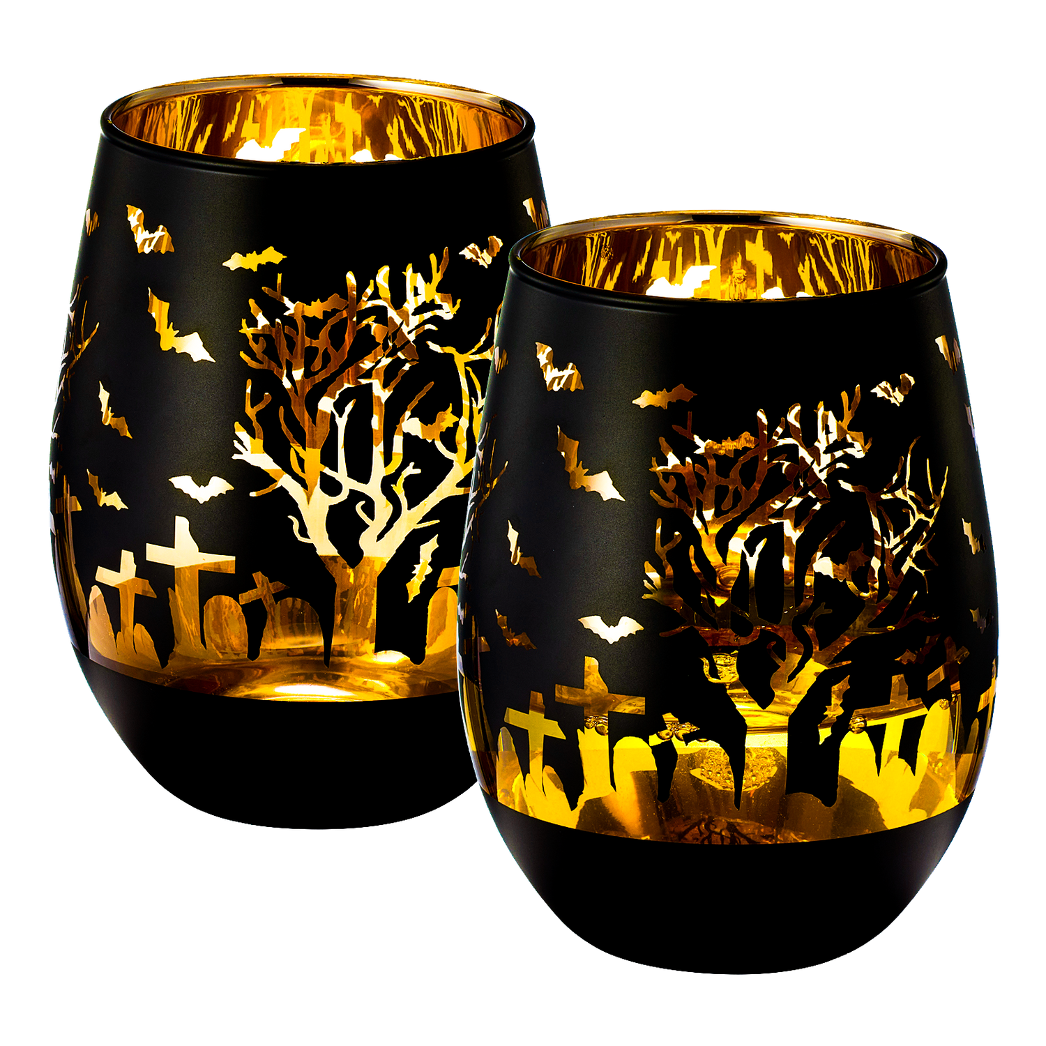 Crystal Halloween Stemless Wine Glass - Set of 2 - Themed Vibrant Black &amp; Gold Etched Spooky Graveyard Pattern Frosted Glass, Perfect for Themed Gothic Parties Trick Or Treat Gift For Him Her (16 OZ)