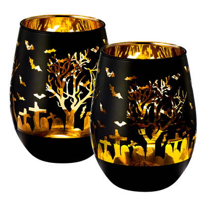 Crystal Halloween Stemless Wine Glass - Set of 2 - Themed Vibrant Black &amp; Gold Etched Spooky Graveyard Pattern Frosted Glass, Perfect for Themed Gothic Parties Trick Or Treat Gift For Him Her (16 OZ)