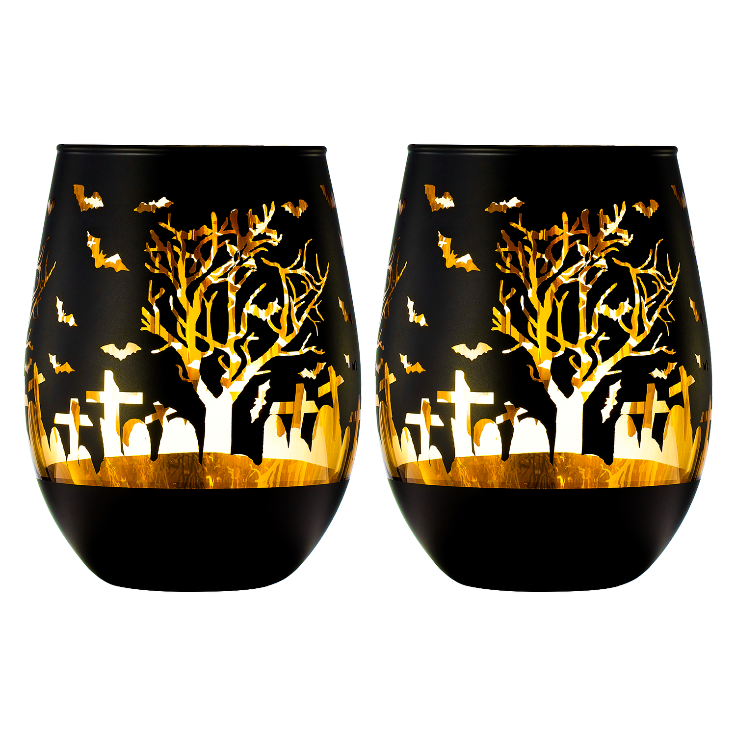 Crystal Halloween Stemless Wine Glass - Set of 2 - Themed Vibrant Black &amp; Gold Etched Spooky Graveyard Pattern Frosted Glass, Perfect for Themed Gothic Parties Trick Or Treat Gift For Him Her (16 OZ)