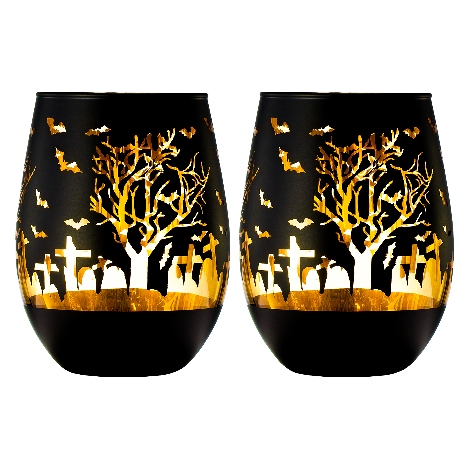 Crystal Halloween Stemless Wine Glass - Set of 2 - Themed Vibrant Black &amp; Gold Etched Spooky Graveyard Pattern Frosted Glass, Perfect for Themed Gothic Parties Trick Or Treat Gift For Him Her (16 OZ)