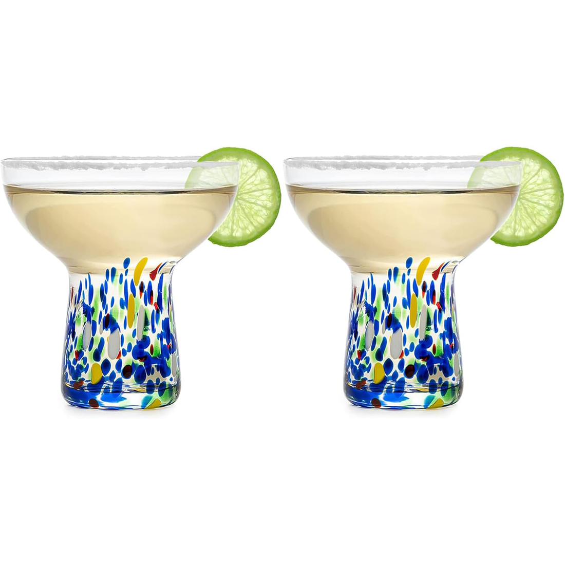 Stemless Margarita Glass – Set of 2-14OZ Luxury Hand Blown Confetti Margaritas, for Cocktails, Water, Wine, Dessert, Martini & Champagne Glasses Cinco de Mayo, Hand Blown Glass - Mexican Confetti
