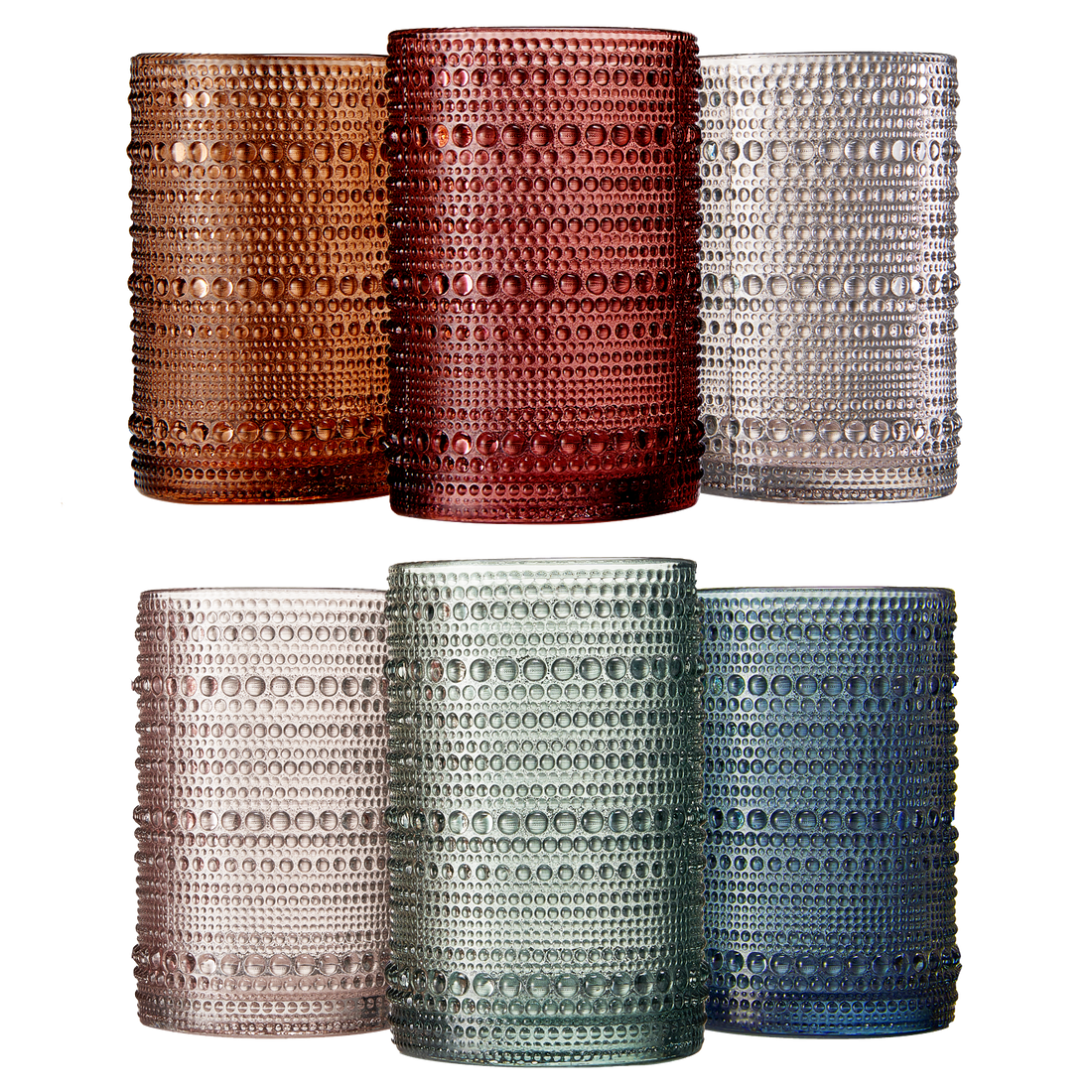 Beaded Highball Drinking Glasses | Set of 6 | Muted Color, Vintage Hobnail 14 OZ Muted Bubble Design Whiskey Glassware, Old-Fashioned, Embossed Design Glass for Water, Wine, Cocktail HAND WASH ONLY