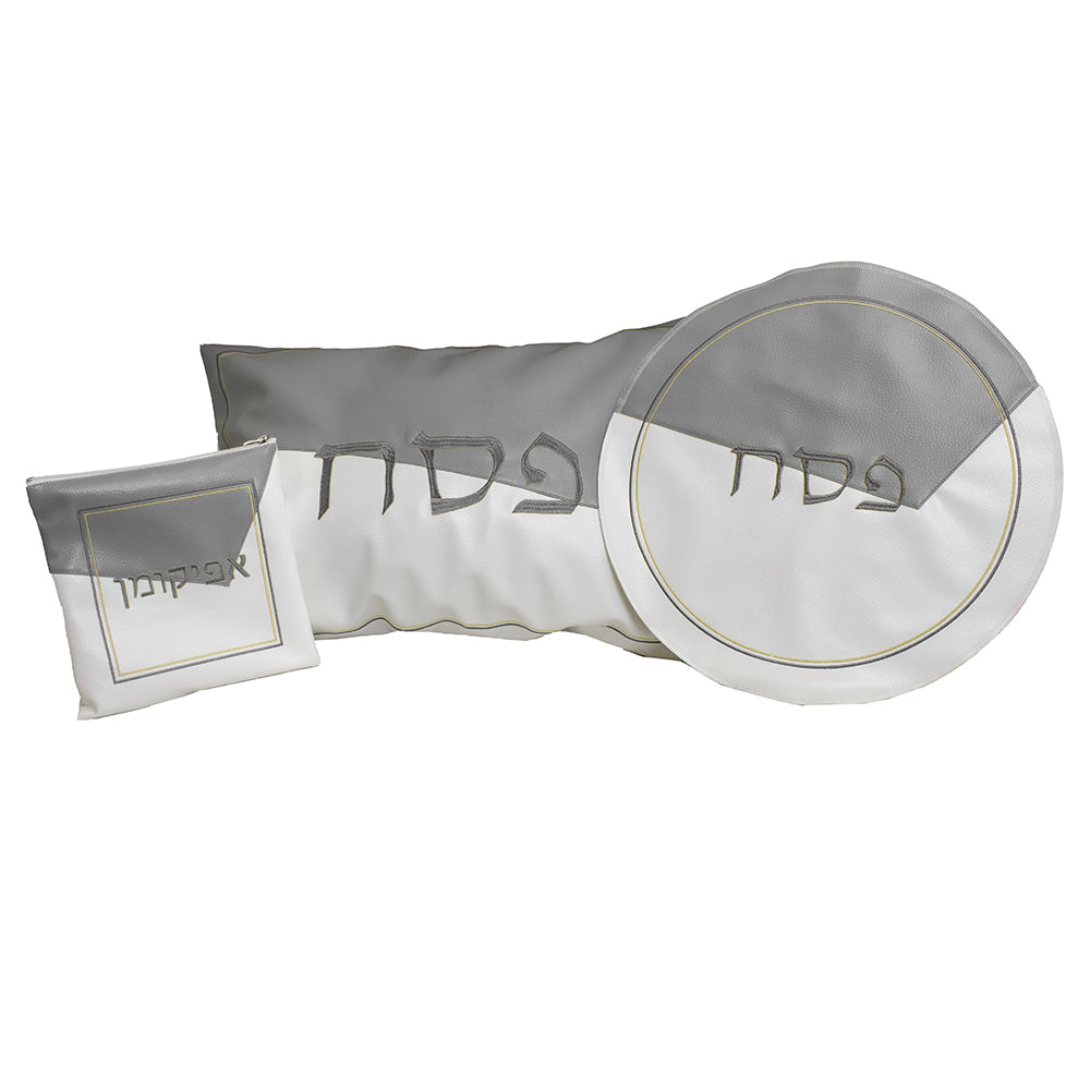 White and Grey Leatherette Seder Set with Gold Stitch Embroidery