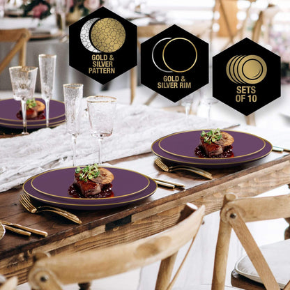 Round Purple • Gold Plastic Plates | 10 Pack: 7.25&quot; Appetizer Plates