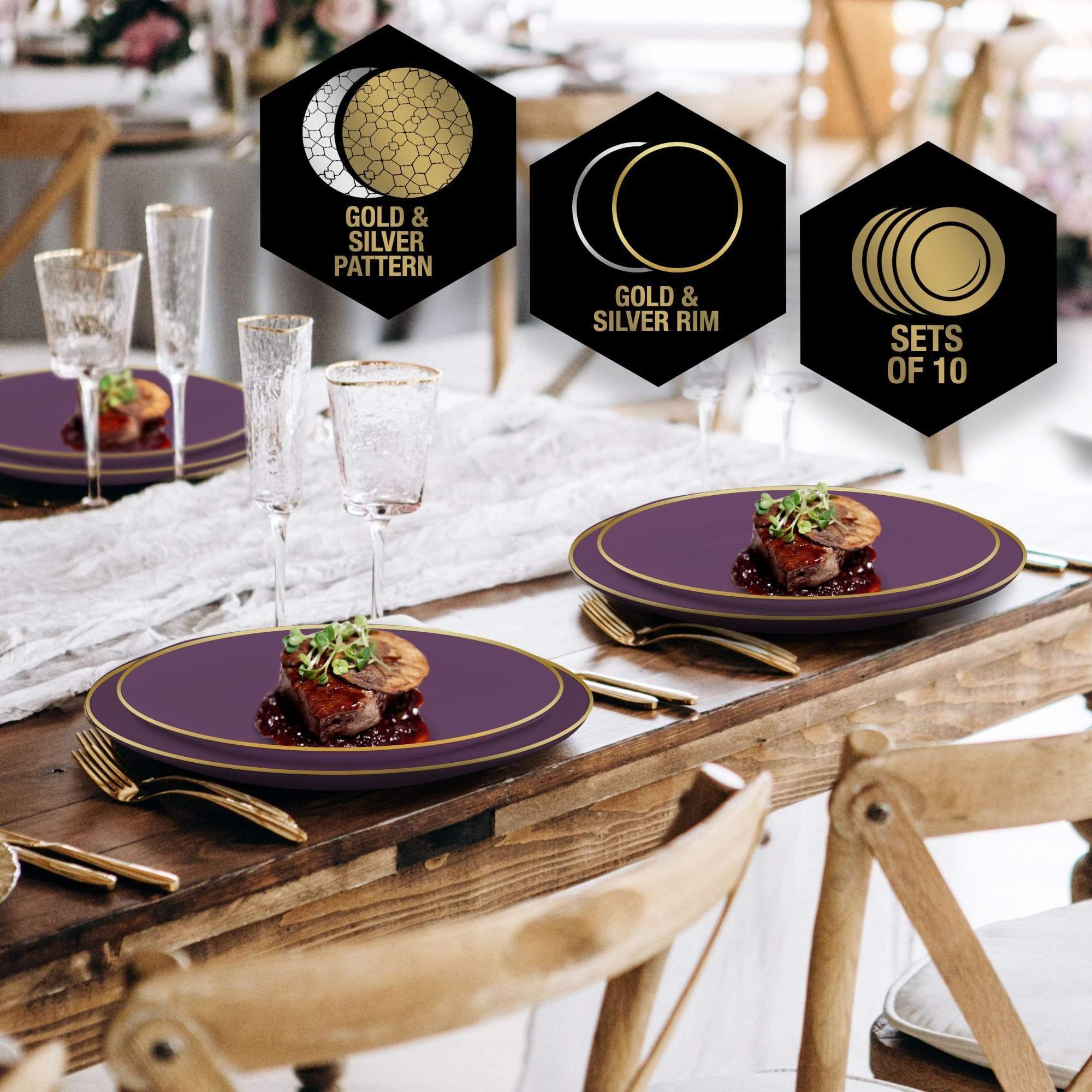 Round Purple • Gold Plastic Plates | 10 Pack: 10.25&quot; Dinner Plates