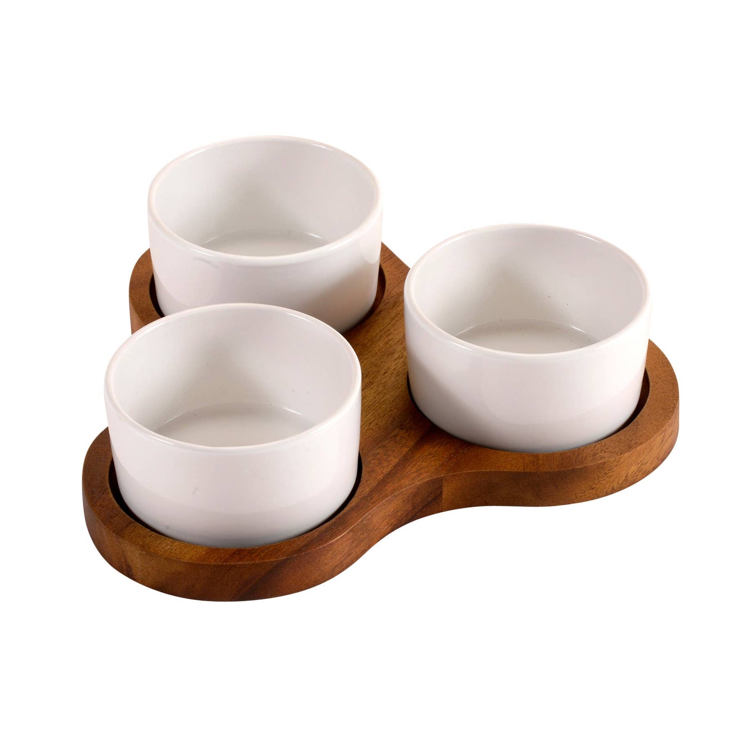 Triangular Serving Set with 3 White Ceramic Dishes with Lids