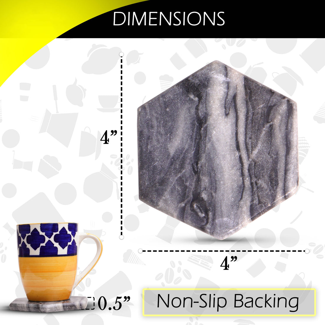 Coaster Set of 4 in Black Marble - Hexagon Shape - 4&quot; x 4