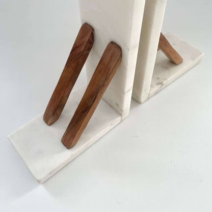 White marble &amp; acacia wood handmade minimal neutral bookends