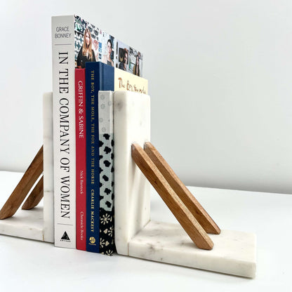 White marble &amp; acacia wood handmade minimal neutral bookends