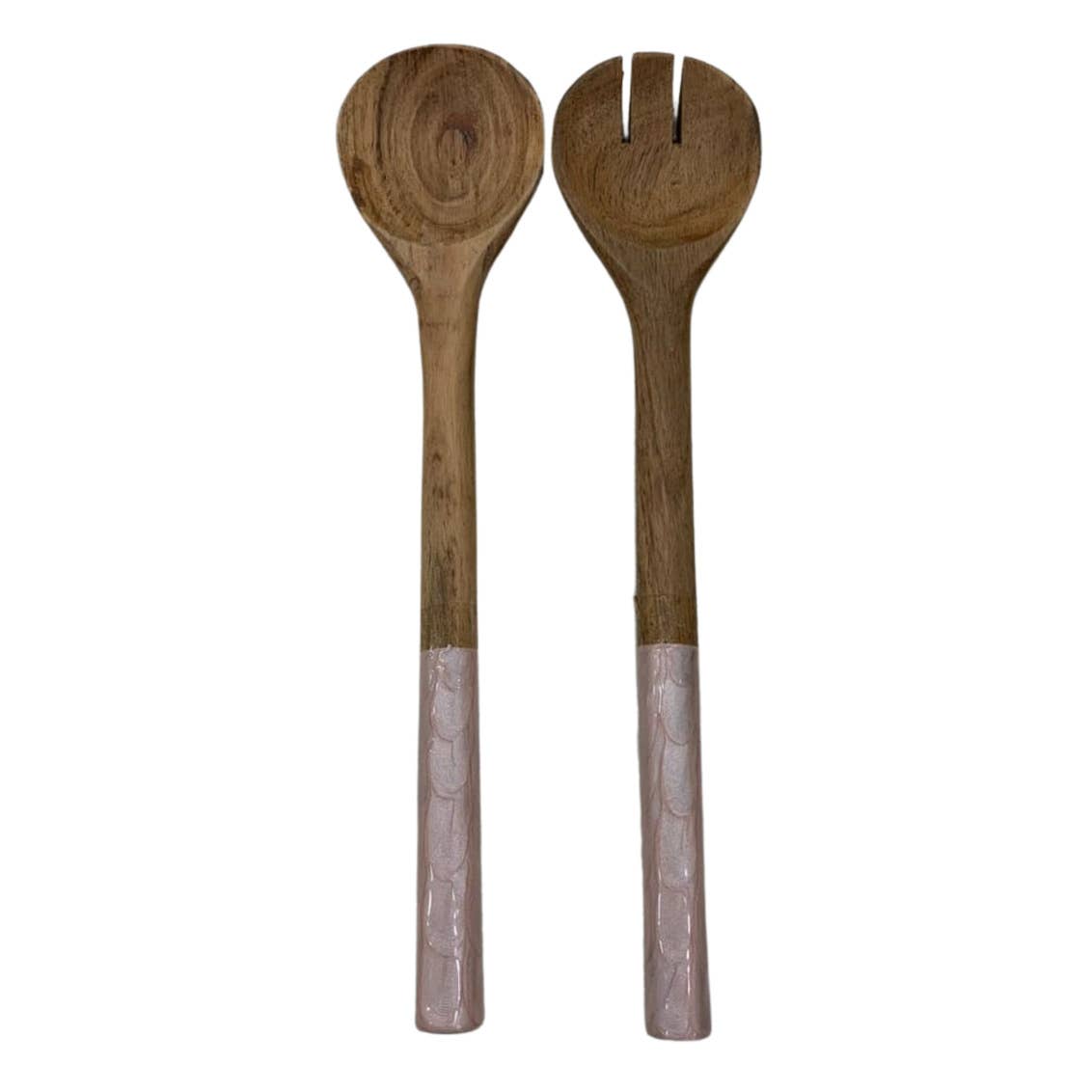 Godinger White Pearl Textured Enamel Wood Salad Servers: Pink