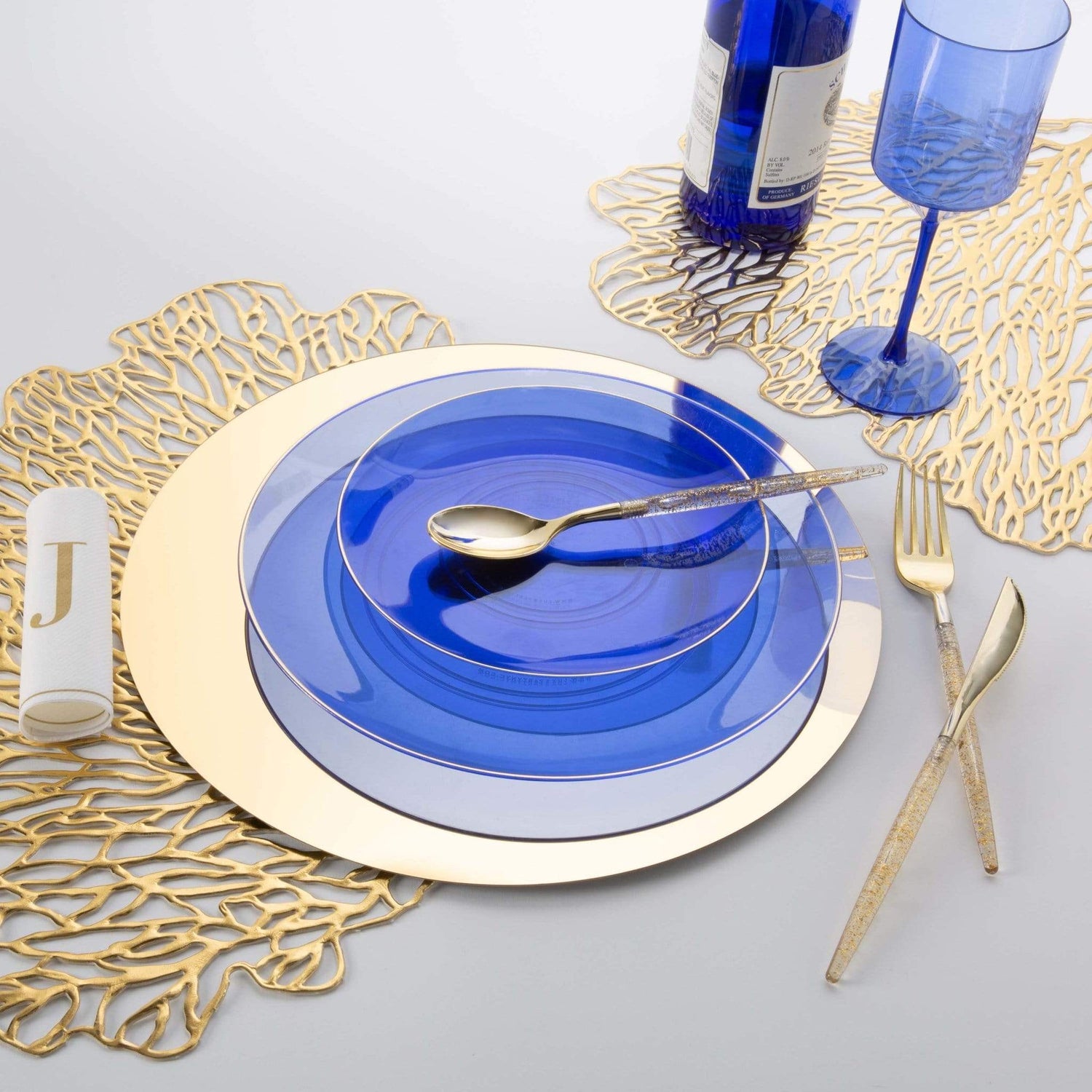 Round Transparent Bartenura Blue  • Gold Plastic Plates | 10