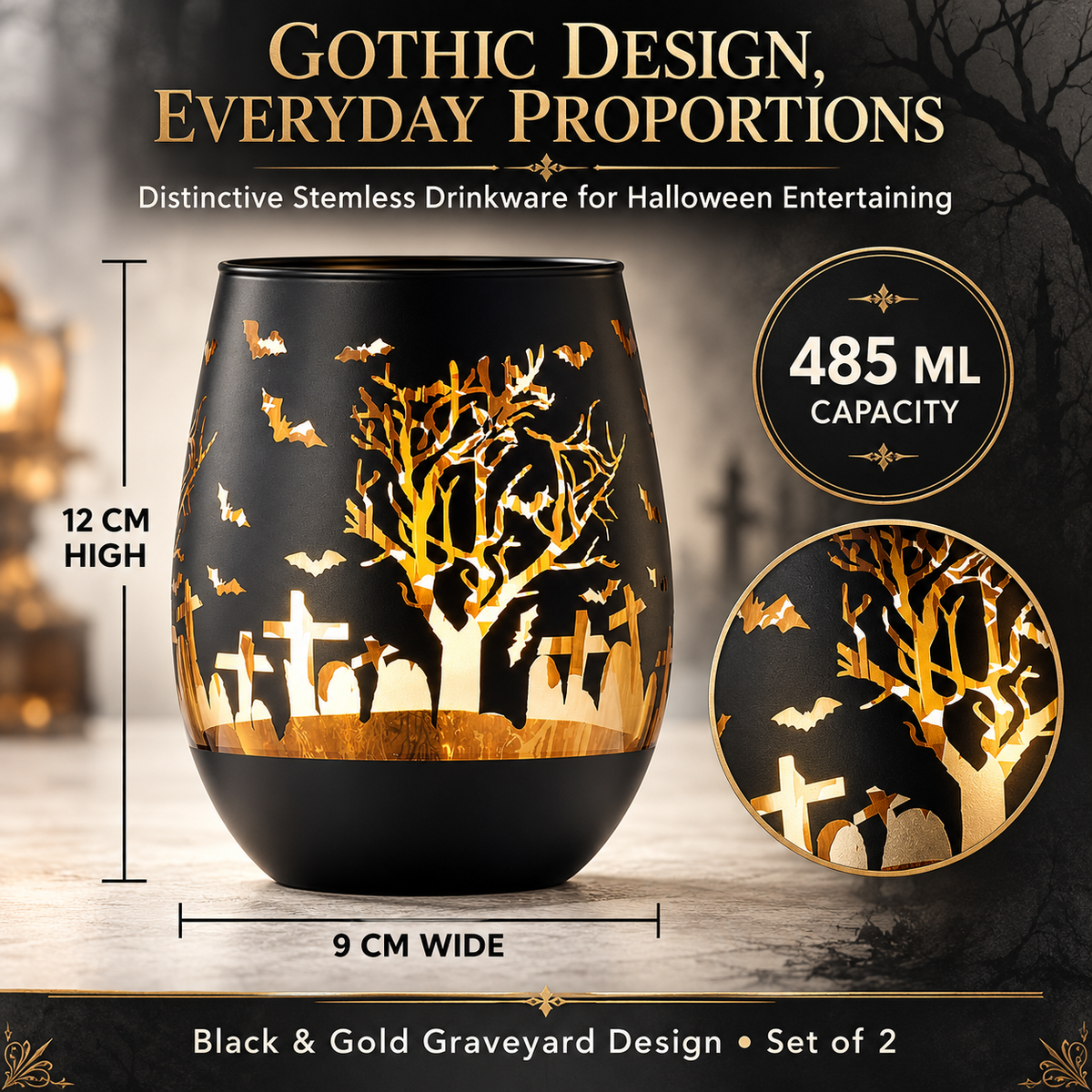 Crystal Halloween Stemless Wine Glass Set Of 2 Themed Vibrant Black Gold Etched Spooky Graveyard Pat