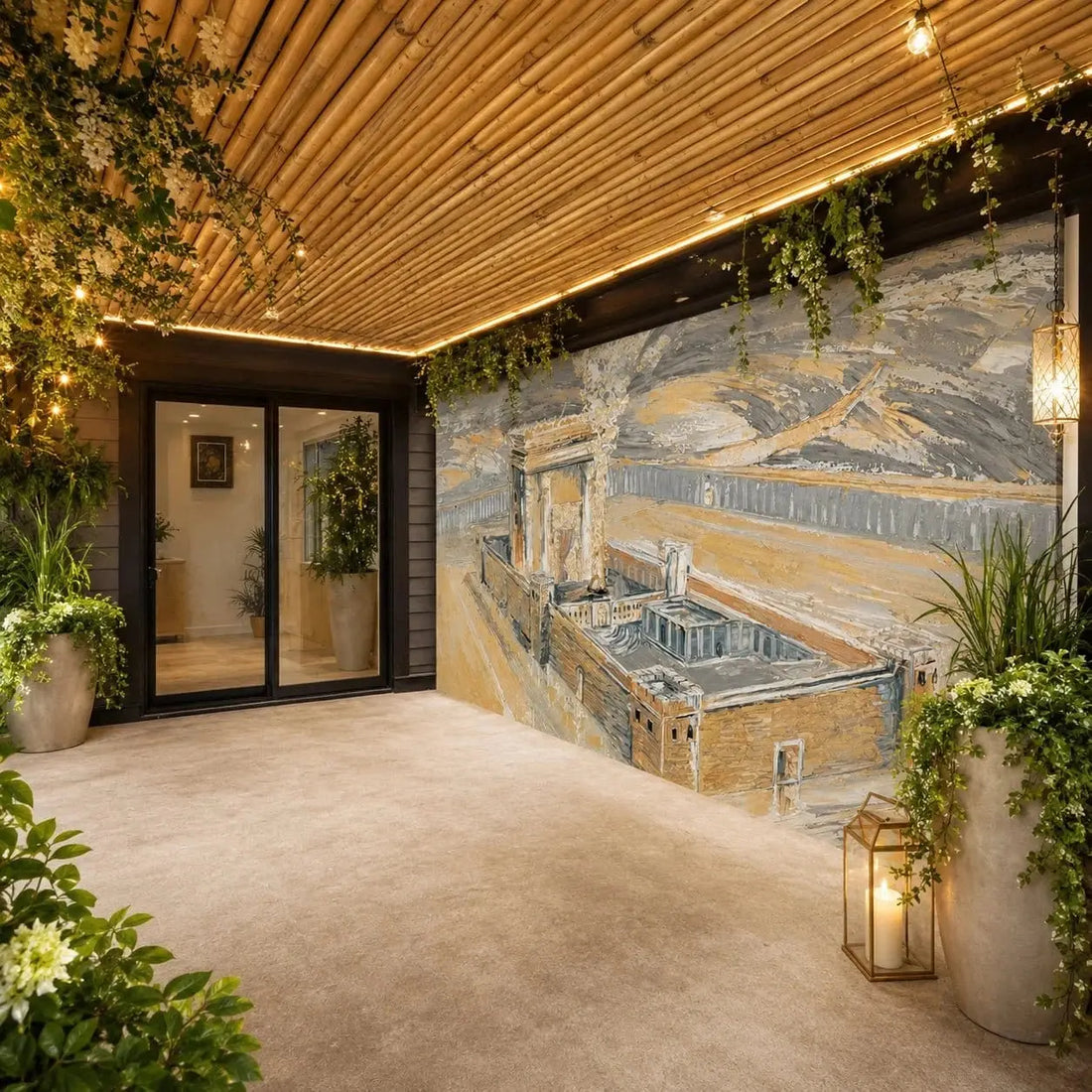 Bais Hamikdash of Gray & Gold Vinyl Sukkah Mural Decoration