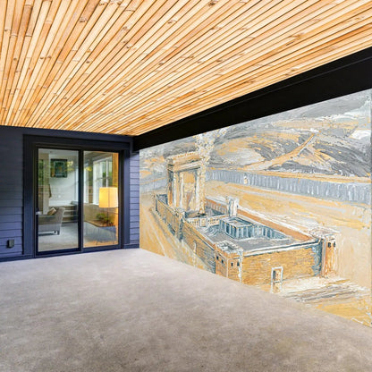 Bais Hamikdash of Gray &amp; Gold Vinyl Sukkah Mural Decoration