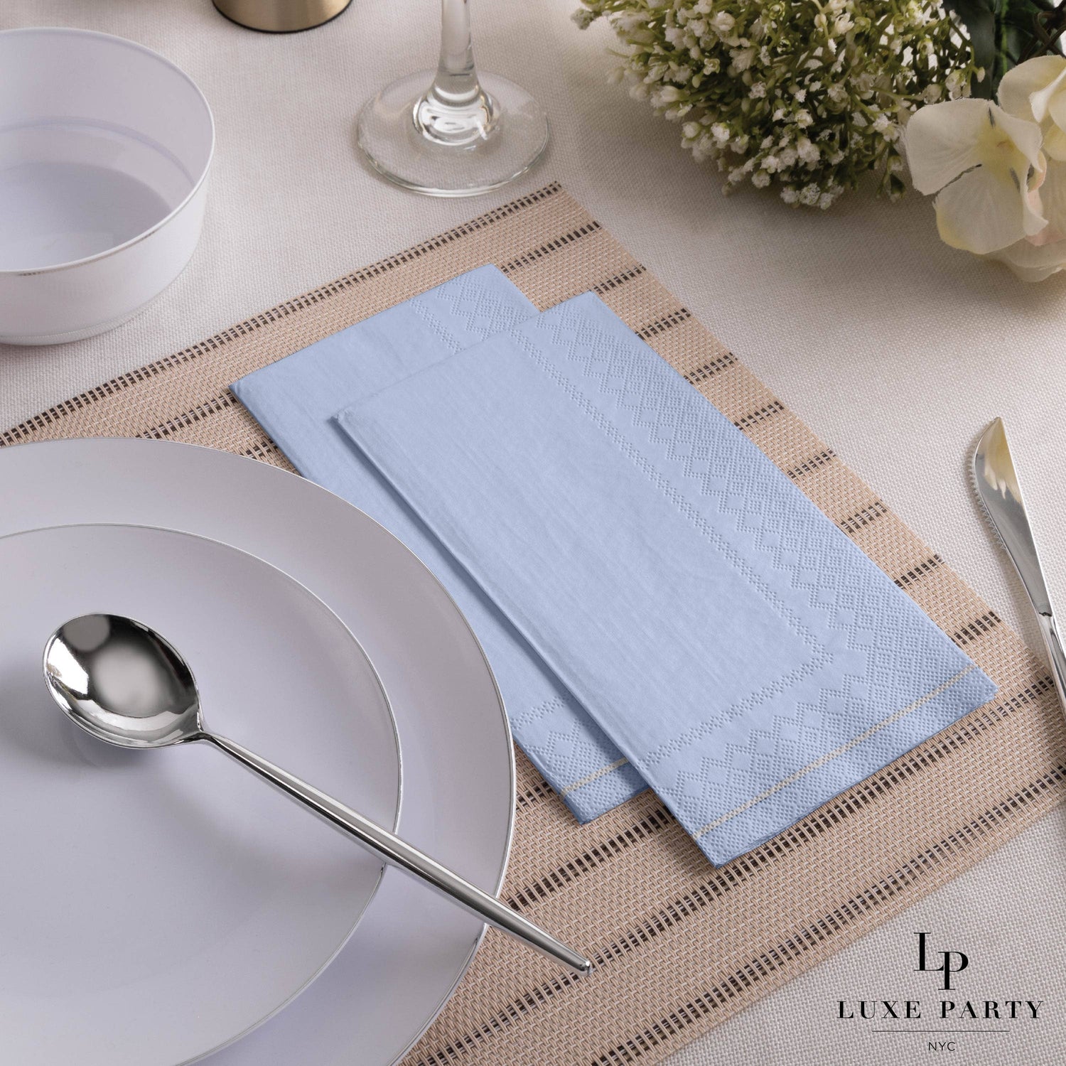 Ice Blue with Silver Stripe Paper Napkins - 3 available size