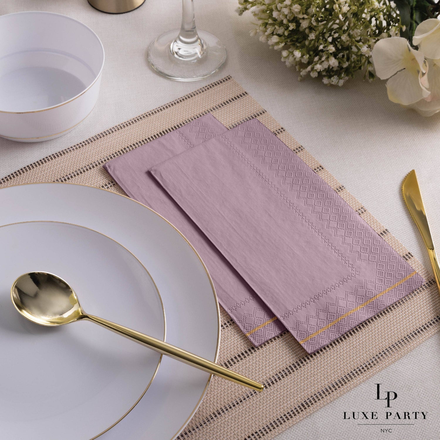 Mauve with Gold Stripe Paper Napkins - 3 available sizes