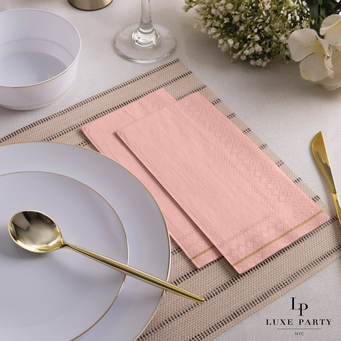 Coral with Gold Stripe Paper Napkins - 3 available sizes