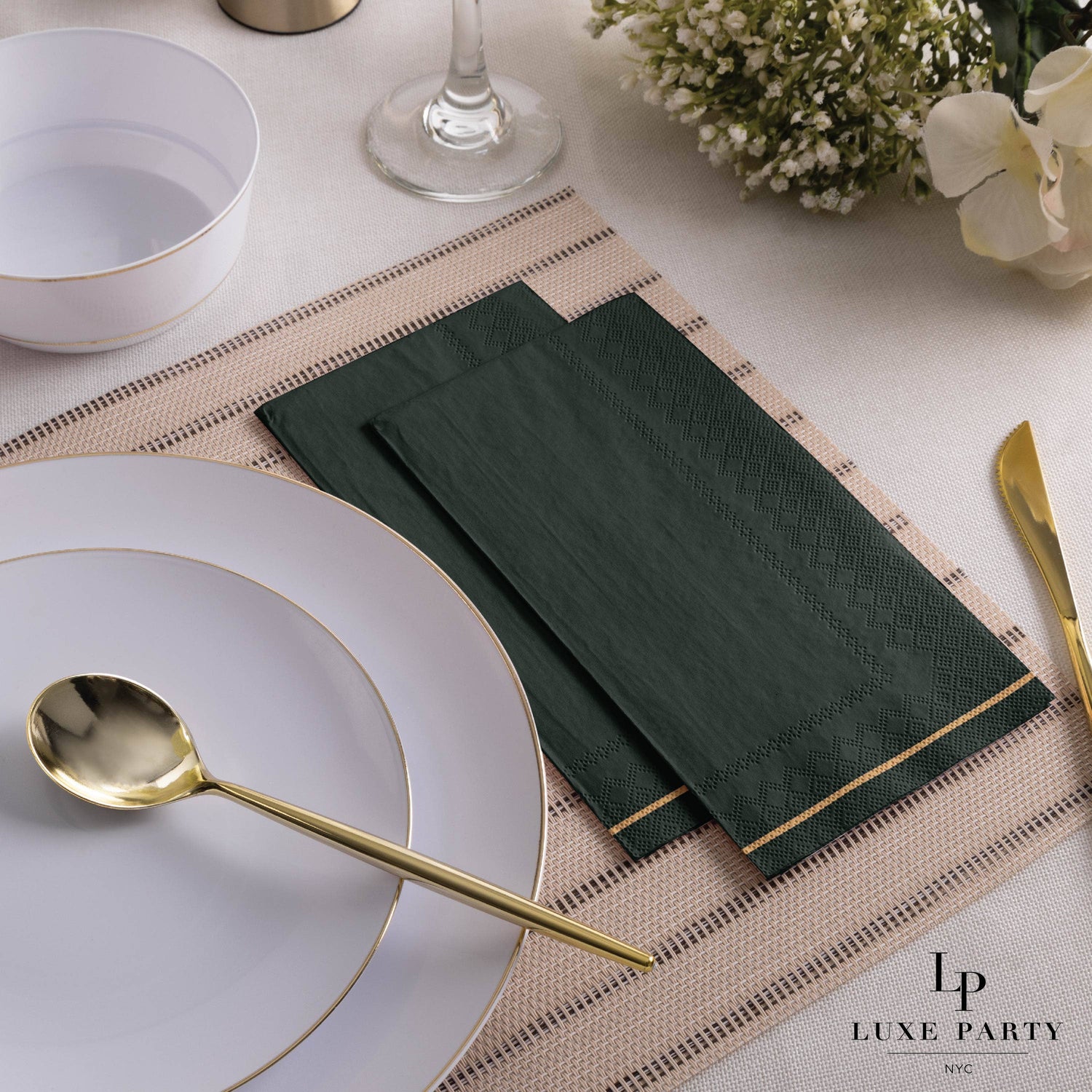 Emerald with Gold Stripe Paper Napkins - 3 available sizes