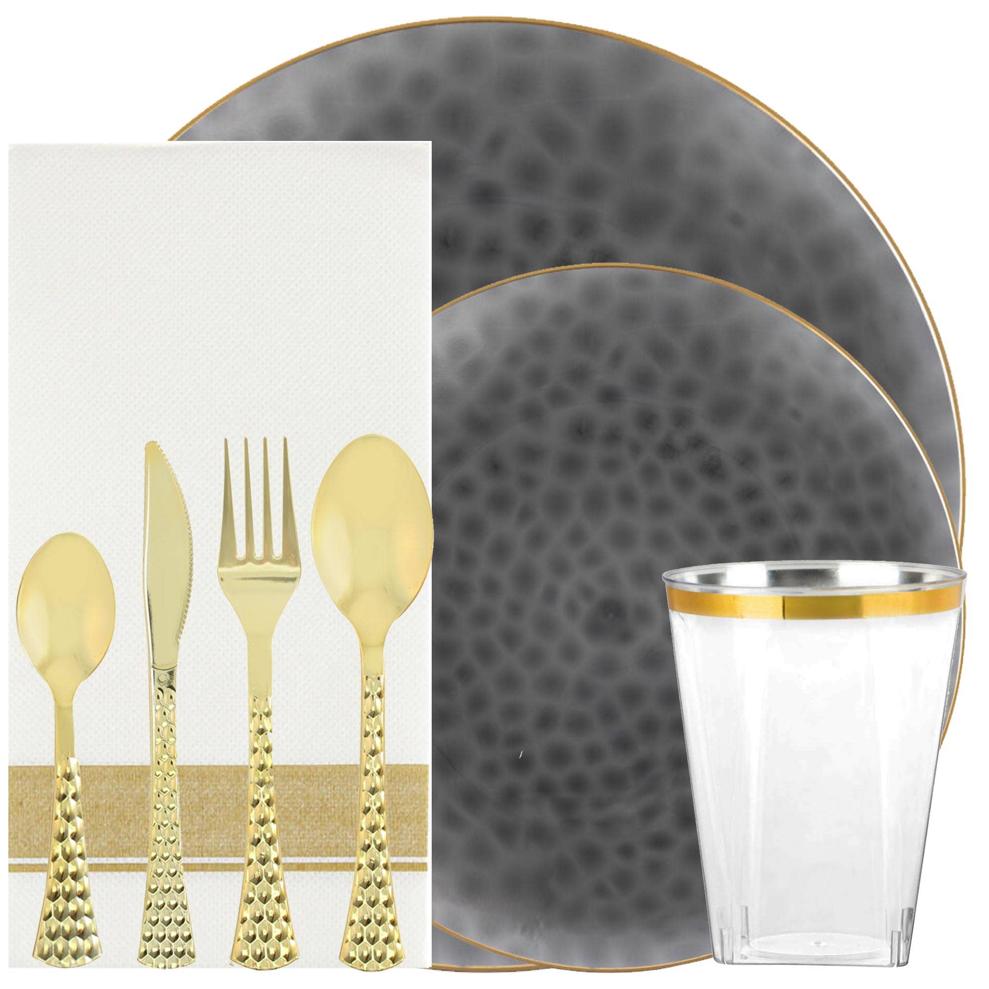 Disposable Tableware Plastic Black Gold Rim Transparent Hamm: 240pcs for 30 People