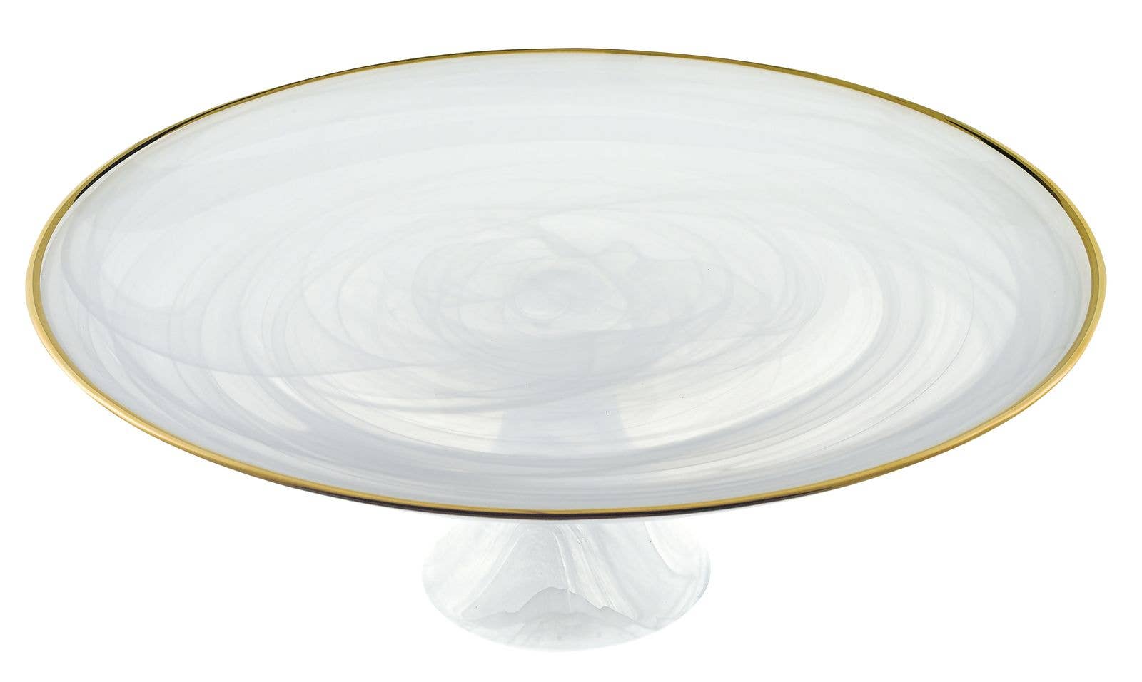 White Alabaster 13&quot; Footed Glass Cakestand With Gold Rim